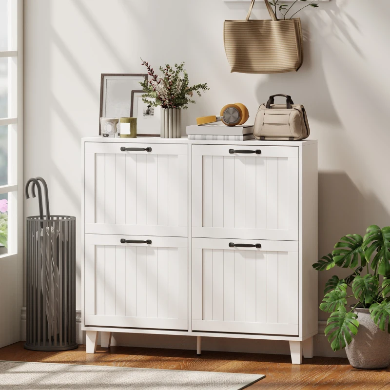 HOMCOM Shoe Cabinet with 4 Flip Drawers, Freestanding Narrow Shoe Storage Cabinet with Adjustable Shelves, Open Back, White
