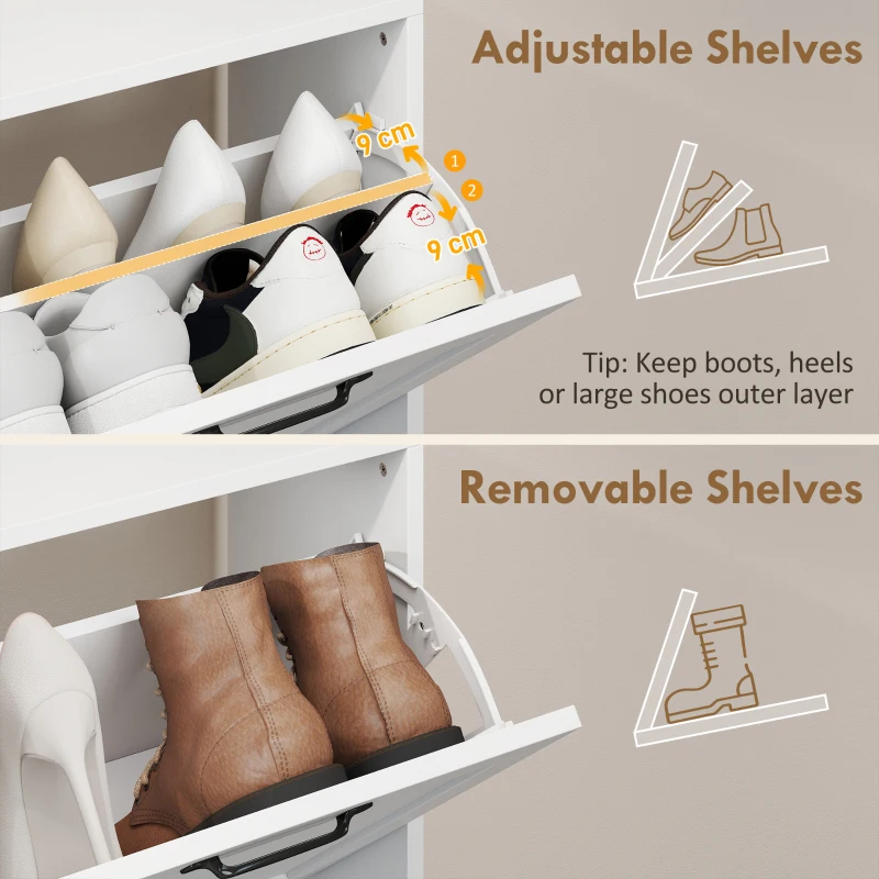 HOMCOM Shoe Cabinet with 4 Flip Drawers, Freestanding Narrow Shoe Storage Cabinet with Adjustable Shelves, Open Back, White