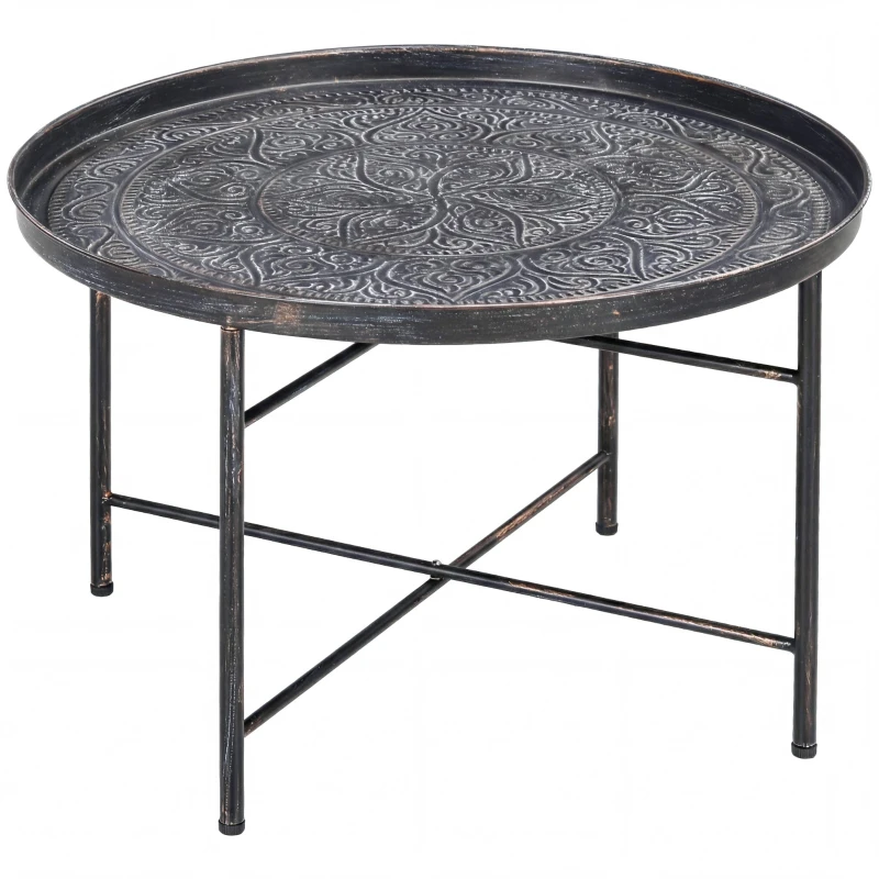 HOMCOM Vintage Coffee Table for Living Room, 24" Round Center Table with Hammered Tray Top and Metal Frame, Pewter