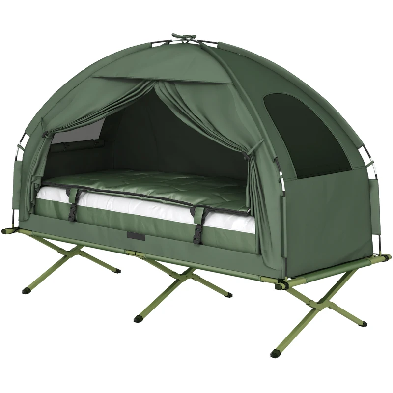 Outsunny 4-in-1 Camping Cot Tent, 1-Person Off-Ground Bed with Air Mattress, Sleeping Bag & Pillow, Elevated Camping Shelter for Adults