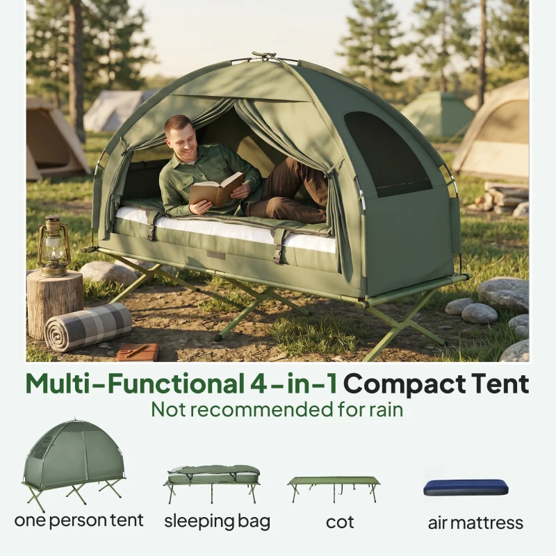 Outsunny 4-in-1 Camping Cot Tent, 1-Person Off-Ground Bed with Air Mattress, Sleeping Bag & Pillow, Elevated Camping Shelter for Adults