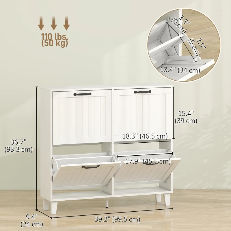 HOMCOM Shoe Cabinet with 4 Flip Drawers, Freestanding Narrow Shoe Storage Cabinet with Adjustable Shelves, Open Back, White
