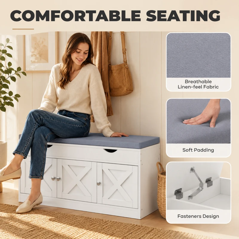 HOMCOM Shoe Bench with Cushion Shoe Storage Bench 3-Door Adjustable Shelves White