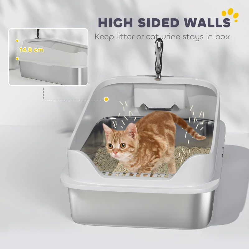 PawHut Cat Litter Box Stainless Steel with Metal Litter Scoop, Never Absorbs Odors, Anti Leakage, 24" x 16" x 12", Grey