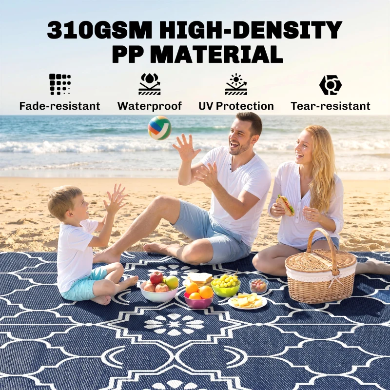 Outsunny Reversible Outdoor Rug Carpet with LED Lights, 12' x 9' PP Straw Rug with Carry Bag and Ground Stakes