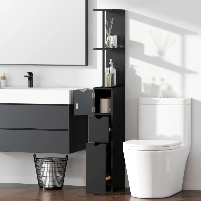 HOMCOM Tall Bathroom Storage Cabinet, Narrow Bathroom Cabinet with Drawers and Open Shelves for Small Spaces, Black