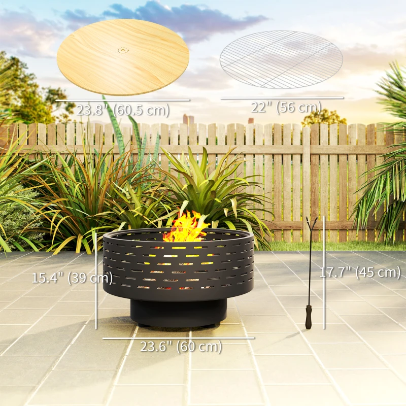 Outsunny 3-in-1 Fire Pit Φ23.8" x 15.4" Outdoor Fire Bowl with Grill Grate, Wood-Effect Fire Basket