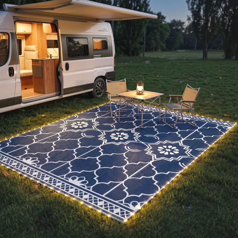 Outsunny Reversible Outdoor Rug Carpet with LED Lights, 12' x 9' PP Straw Rug with Carry Bag and Ground Stakes