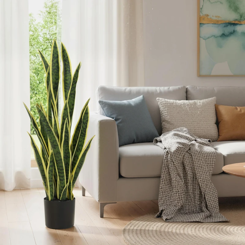 Outsunny Artificial Tree, 35.4" Artificial Snake Plant with 21 Leaves in Pot for Home, Office, and Living Room, Green