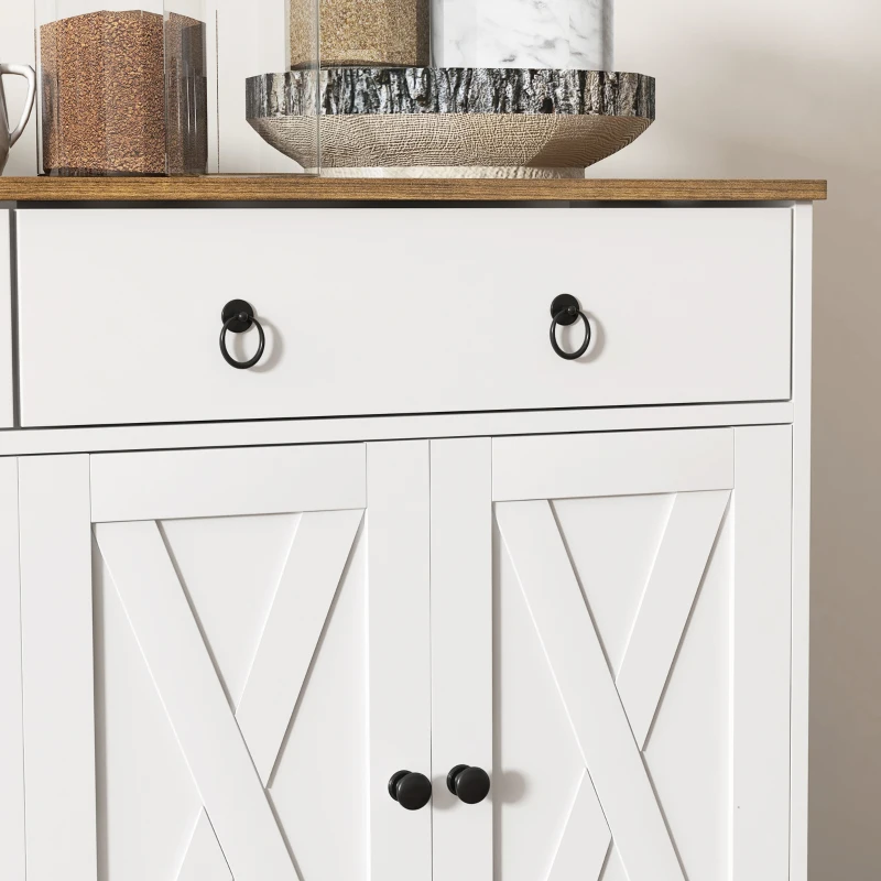 HOMCOM Kitchen Sideboard Cabinet with 2 Drawers, 4 Barn Doors and 2 Adjustable Shelves, Buffet Table for Living Room, White