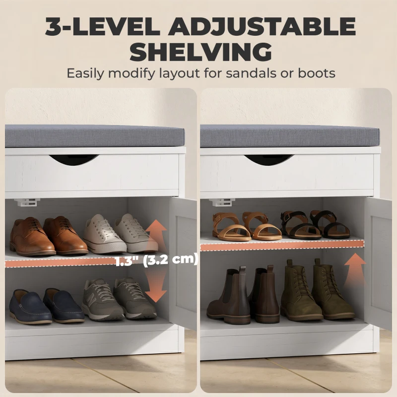 HOMCOM Shoe Bench with Cushion Shoe Storage Bench 3-Door Adjustable Shelves White