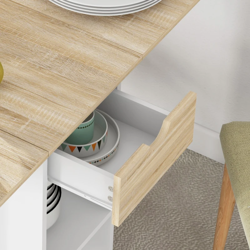 HOMCOM Folding Dining Table, Space Saving Drop Leaf Table with Drawer and Storage Shelves for Kitchen, Dining Room, Oak