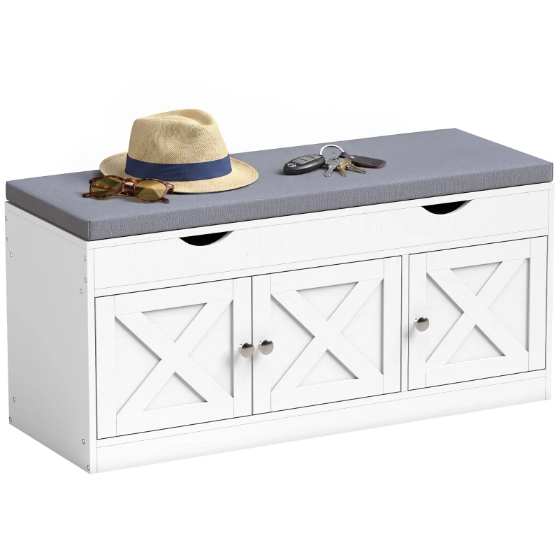 HOMCOM Shoe Bench with Cushion Shoe Storage Bench 3-Door Adjustable Shelves White
