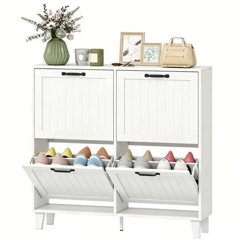 HOMCOM Shoe Cabinet with 4 Flip Drawers, Freestanding Narrow Shoe Storage Cabinet with Adjustable Shelves, Open Back, White