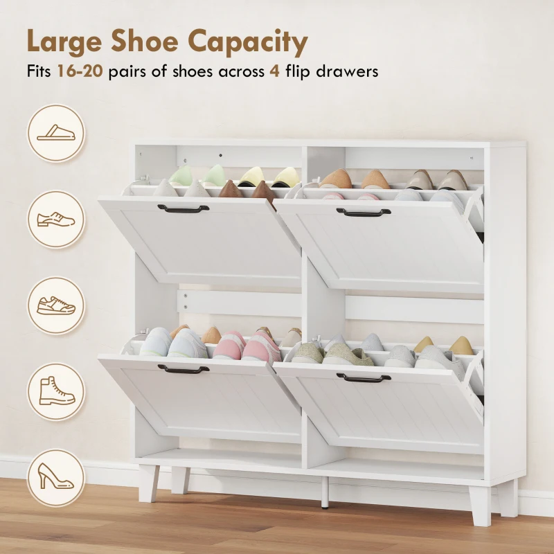 HOMCOM Shoe Cabinet with 4 Flip Drawers, Freestanding Narrow Shoe Storage Cabinet with Adjustable Shelves, Open Back, White
