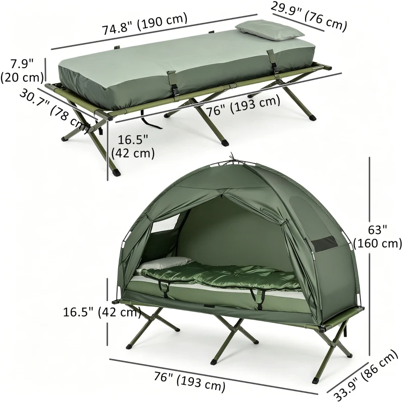 Outsunny 4-in-1 Camping Cot Tent, 1-Person Off-Ground Bed with Air Mattress, Sleeping Bag & Pillow, Elevated Camping Shelter for Adults