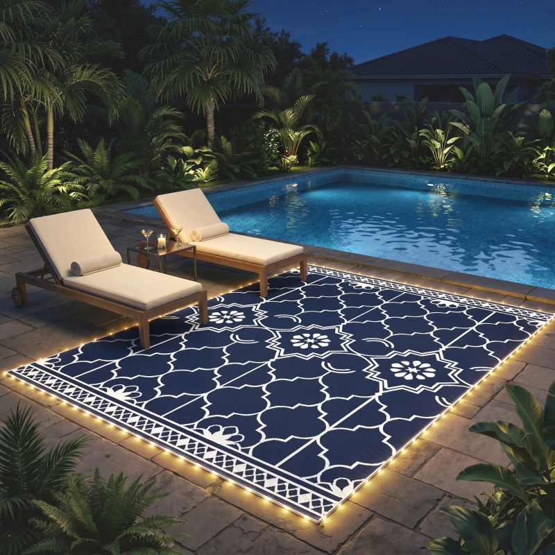 Outsunny Reversible Outdoor Rug Carpet with LED Lights, 12' x 9' PP Straw Rug with Carry Bag and Ground Stakes