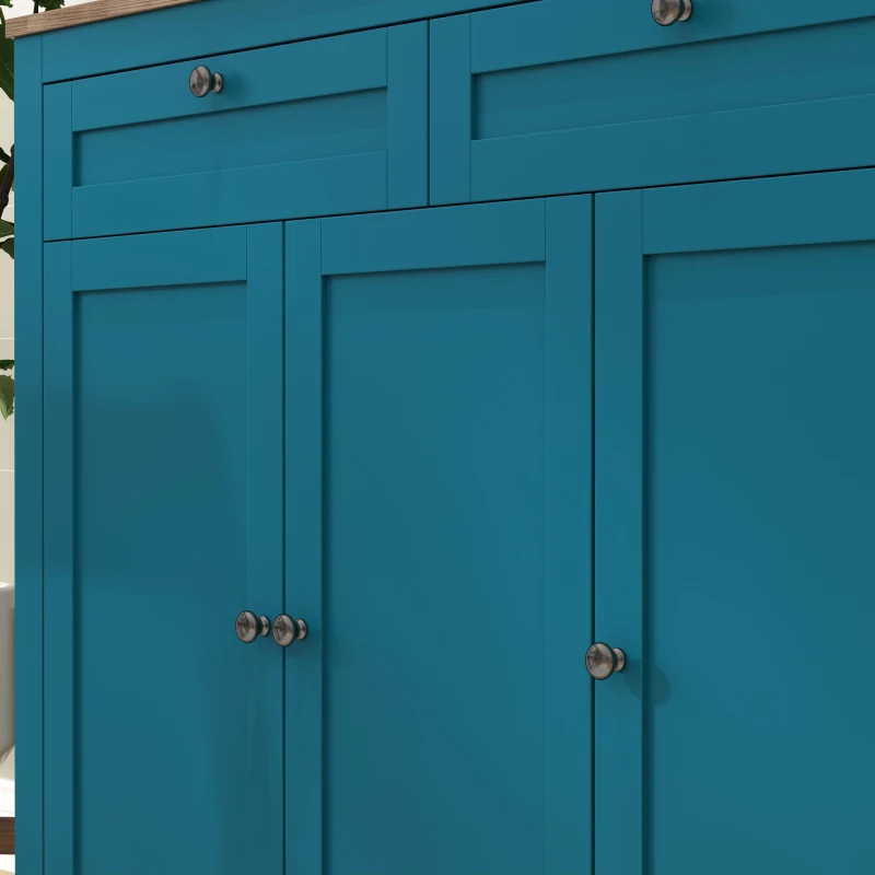 HOMCOM 71" Pantry Cabinet with Microwave Space, Buffet with Hutch, 2 Drawers, Adjustable Shelves and Glass Doors, Navy Blue