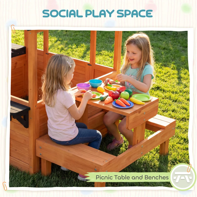 Qaba Wooden Playhouse Playhouse for Kids with Table, Benches, Sink Table, Windows, Flowerpot Holders, for Ages 3-8, Brown