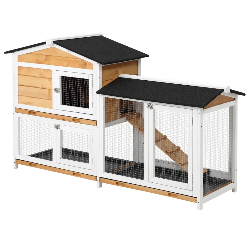 PawHut 62" Rabbit Hutch, Wooden Bunny Hutch, Guinea Pig Cage, Small Animal Enclosure with Run Area, Removable Tray, Asphalt Roof, Lockable Doors and Ramp, for Rabbits, Chickens, Ducks, Nature Wood