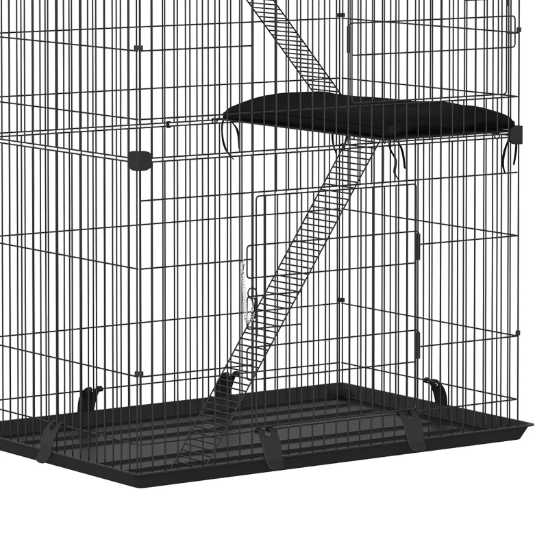 PawHut 3-Tier Cat Cage Indoor, Detachable Metal Wire Kennel withwith Hammock, Platform, Tray and Cushion for 1-2 Kittens