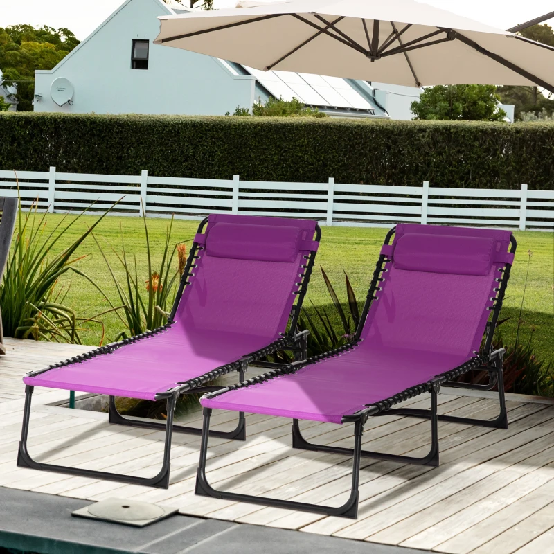 Outsunny Set of 2 Folding Chaise Lounge Chairs, Outdoor Sun Tanning Chairs with Reclining Back, Purple