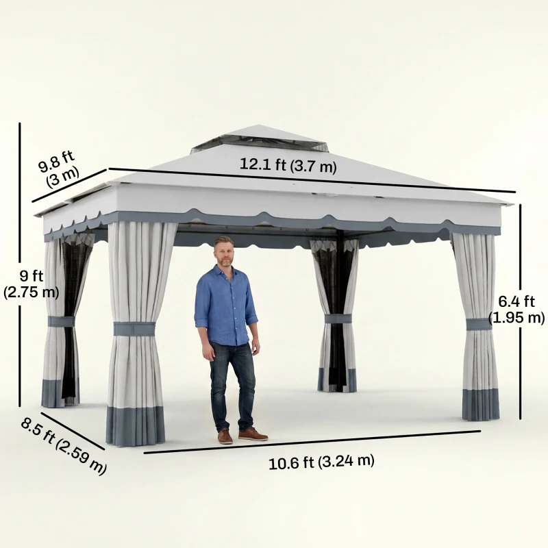 Outsunny 10' x 12' Double Roof Patio Gazebo Canopy, Outdoor Gazebo Shelter with Netting & Curtains, for Garden, Lawn and Deck