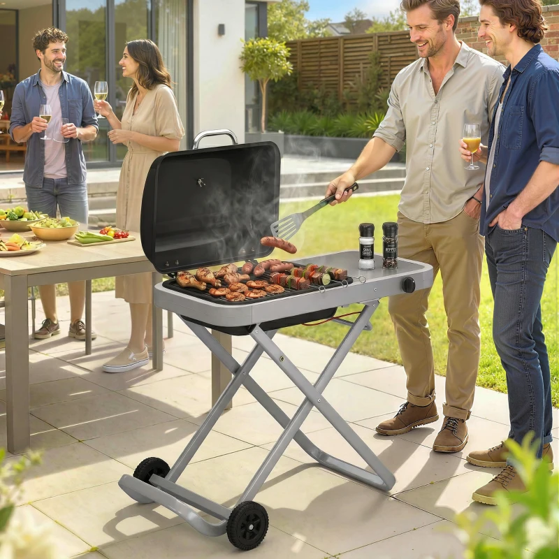 Outsunny Portable Propane Gas BBQ Grill with Foldable Cart, Wheels, 9500 BTU Gas Barbecue Grill with Piezo Ignition Burner, Black