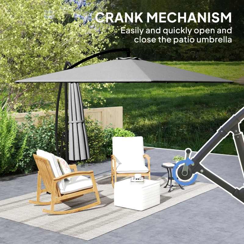 Outsunny Patio Offset Umbrella UPF 50+ UV Protection, Crank Parasol with Base, Cover & Wind Securing, Khaki