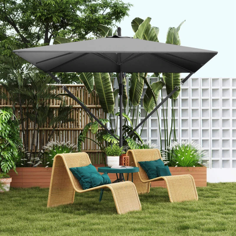 Outsunny Patio Offset Umbrella UPF 50+ UV Protection, Crank Parasol with Base, Cover & Wind Securing, Khaki