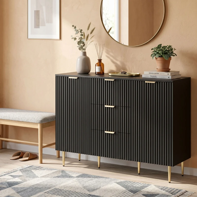 HOMCOM Modern Kitchen Storage Cabinet, Sideboard Buffet Cabinet w/ 3 Drawers and Adjustable Shelves for Kitchen Hallway, Black