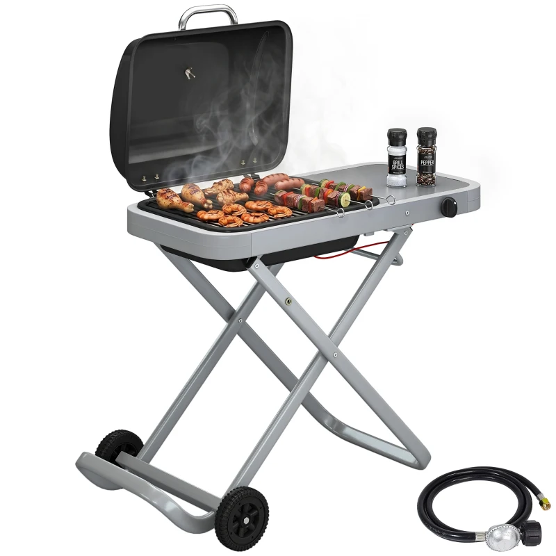 Outsunny Portable Propane Gas BBQ Grill with Foldable Cart, Wheels, 9500 BTU Gas Barbecue Grill with Piezo Ignition Burner, Black