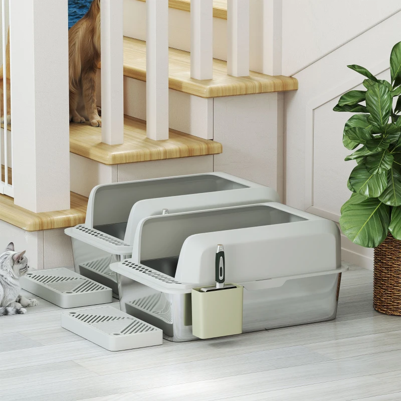 2 Pack Stainless Steel Litter Box with Metal Scoop & Scoop Holder, High Sided, Anti-Urine Leakage, Non-Sticky