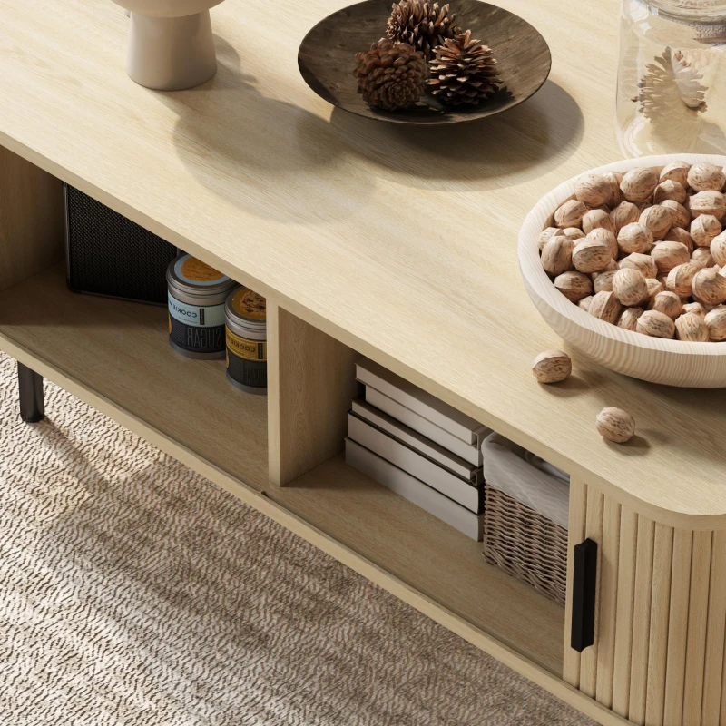 HOMCOM Coffee Table with Storage, Nordic Side Table with Fluted Tambour Sliding Doors and Steel Legs for Living Room, Oak