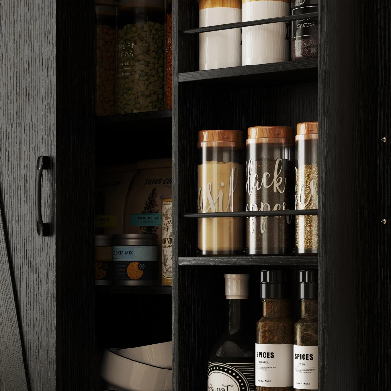 HOMCOM 72" Kitchen Pantry Cabinet, Farmhouse Kitchen Storage Cabinet with 4 Barn Doors, 6 Door Shelves, Drawer, Black
