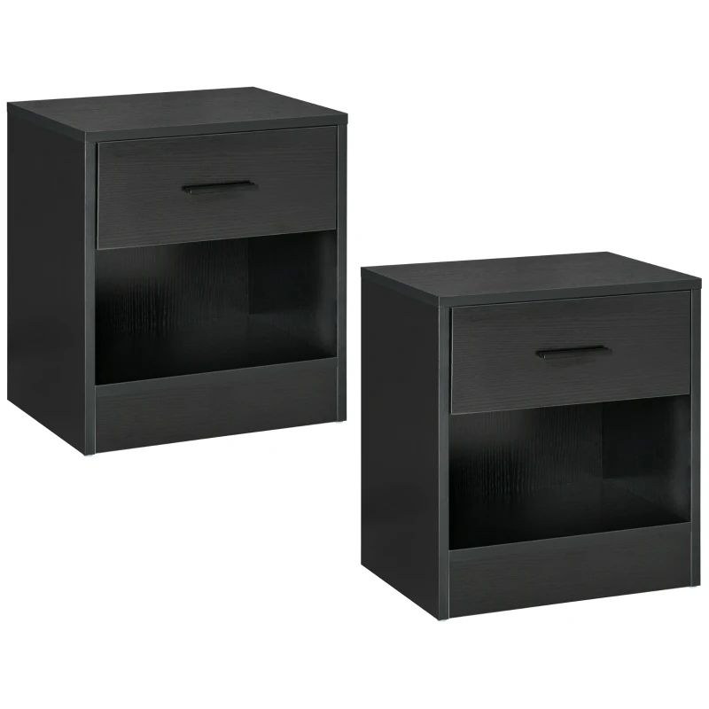 HOMCOM Side Table with Drawer and Storage Shelf, End Table with Storage, Set of 2, Black Wood Grain