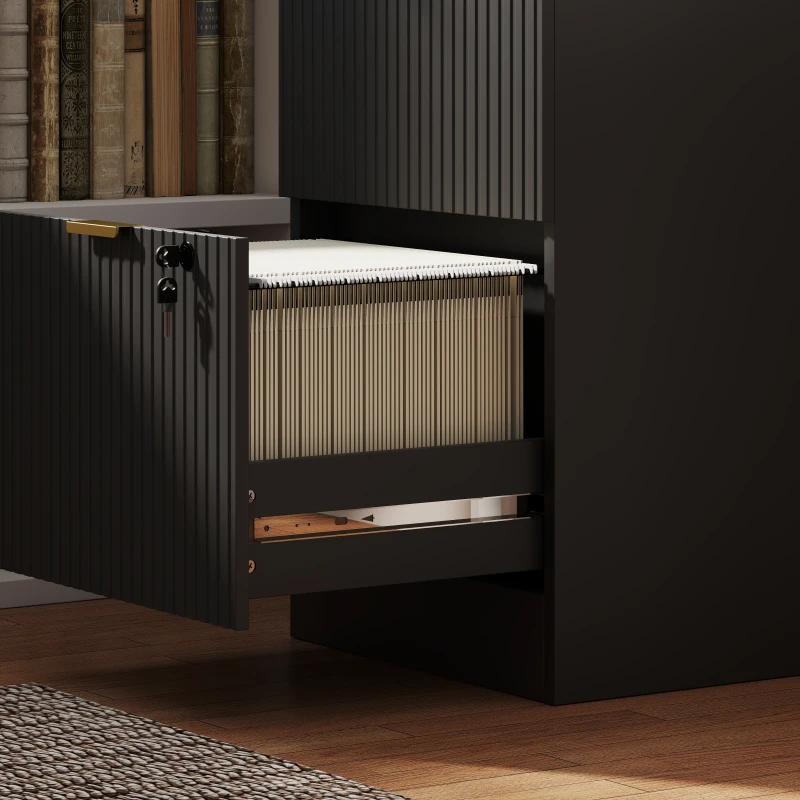 HOMCOM Lockable Filing Cabinet with 2 Fluted Drawers, File Cabinet with Adjustable Hanging Rails for A4 Letter Files, Black
