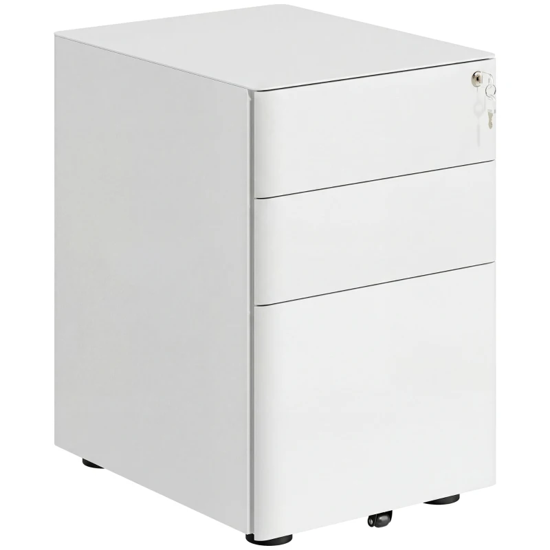 Vinsetto 3 Drawer Filing Cabinet, Steel Home Office Storage Cabinet with Wheels, Lock for A4, Letters, Legal-sized Files, White