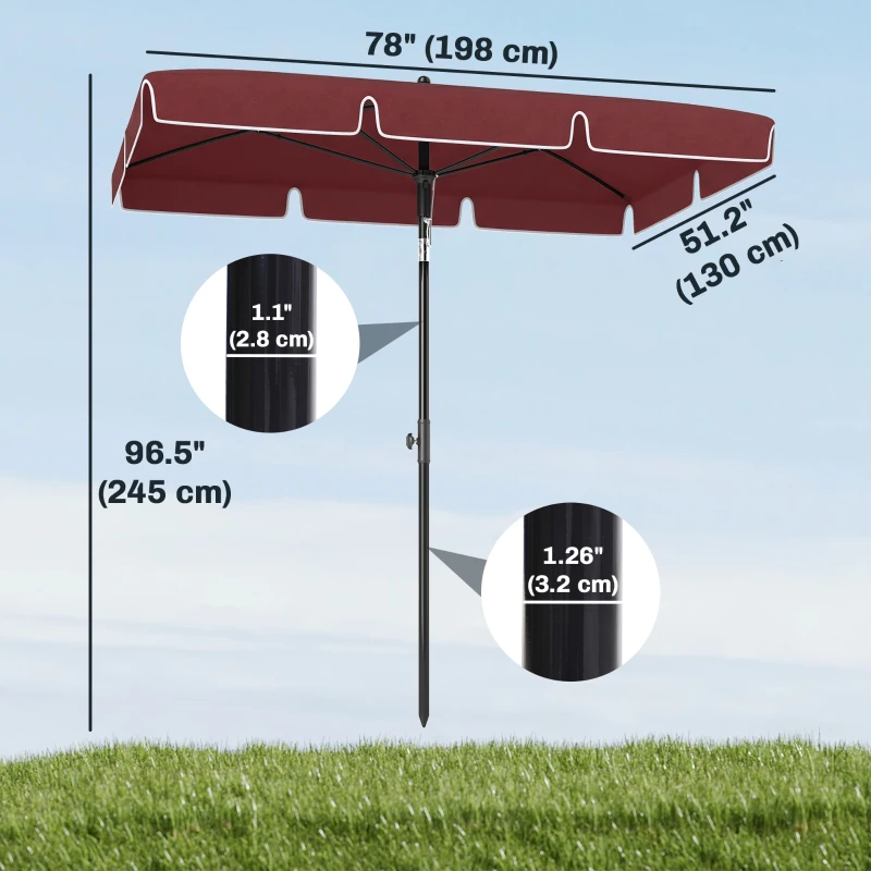 Outsunny 6.5x4ft Rectangle Patio Umbrella Aluminum Tilt Adjustable Garden Parasol Sun Shade Outdoor Canopy Wine Red