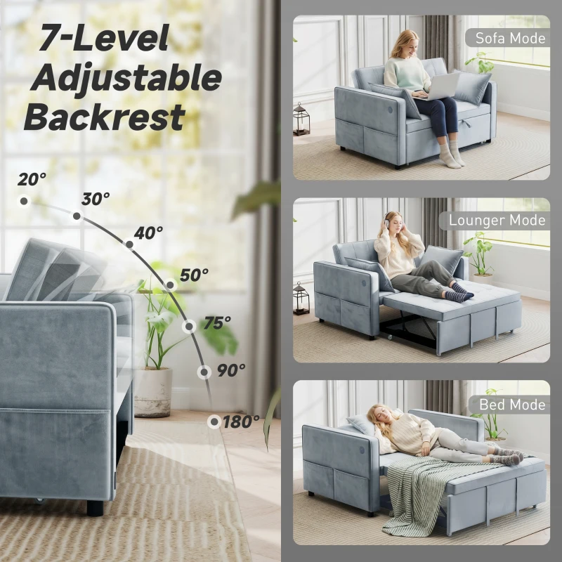 HOMCOM 3‑in‑1 Convertible Sofa Bed, Pull Out Sleeper Sofa with USB Charging, Adjustable Backrest, Side Pockets, Light Grey