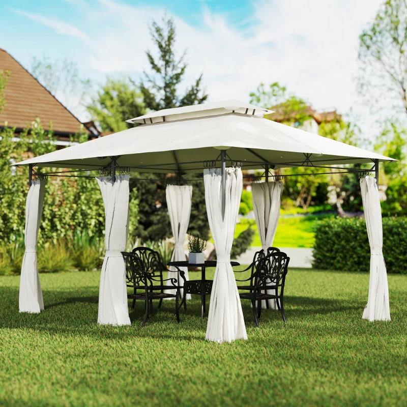 Outsunny 10' x 13' Double Roof Patio Gazebo, Outdoor Gazebo with Curtains, for Garden, Lawn, Backyard and Deck, Cream White