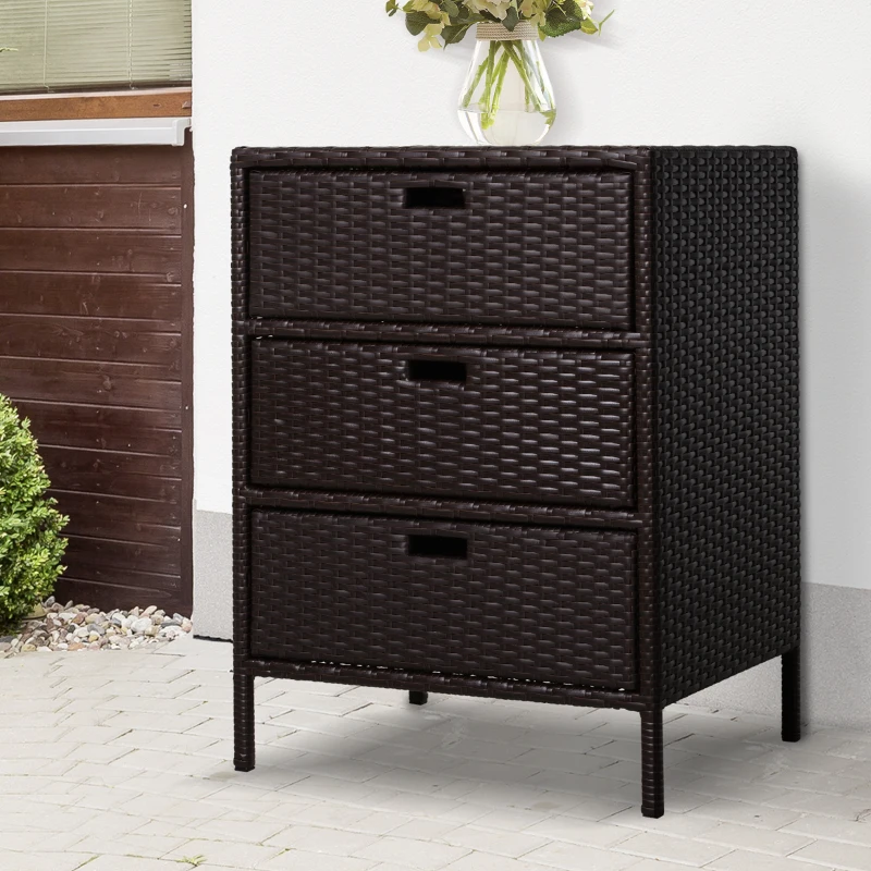 Outsunny Patio PE Rattan Storage Cabinet, Wicker Pool Cabinet Organizer, Outdoor Towel Rack for Pool with 3 Drawers, Brown