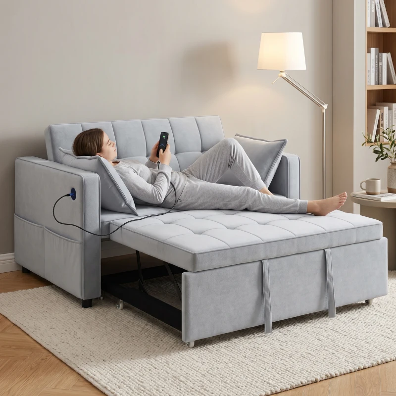 HOMCOM 3‑in‑1 Convertible Sofa Bed, Pull Out Sleeper Sofa with USB Charging, Adjustable Backrest, Side Pockets, Light Grey