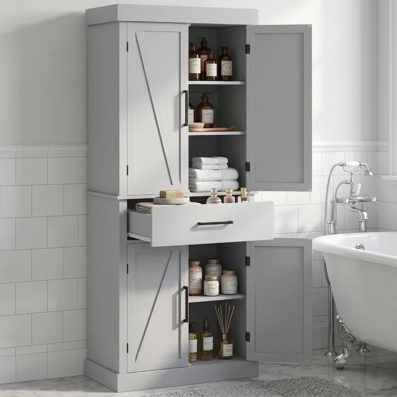 HOMCOM 72" Farmhouse Kitchen Cabinet, Kitchen Pantry Cabinet with 4 Barn Doors, Drawer, Adjustable Shelves, Grey