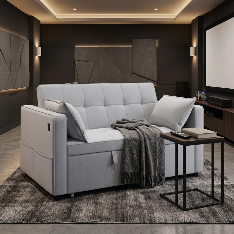 HOMCOM 3‑in‑1 Convertible Sofa Bed, Pull Out Sleeper Sofa with USB Charging, Adjustable Backrest, Side Pockets, Light Grey