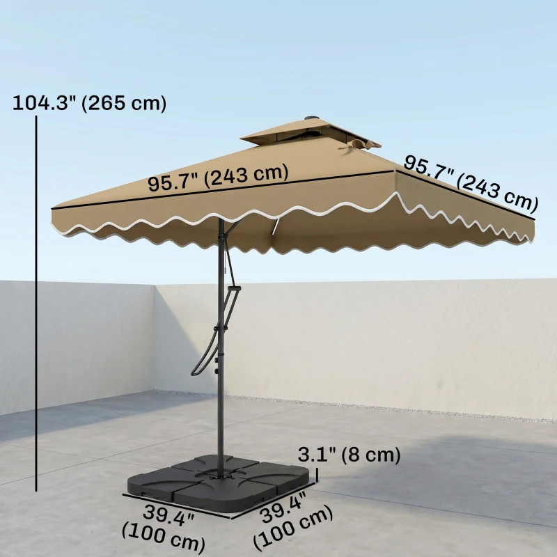 Outsunny 8' x 8' Square Double Top Offset Patio Umbrella Garden Parasol with Solar LED Lights, Ruffles and Weights, Khaki