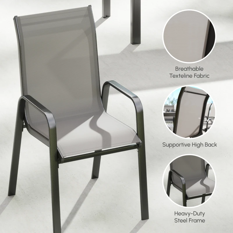 Outsunny Outdoor Dining Sets for 8 with Stackable Chairs, Patio Dining Set with Glass Top Table for Garden, Patio, Backyard, Dark Grey