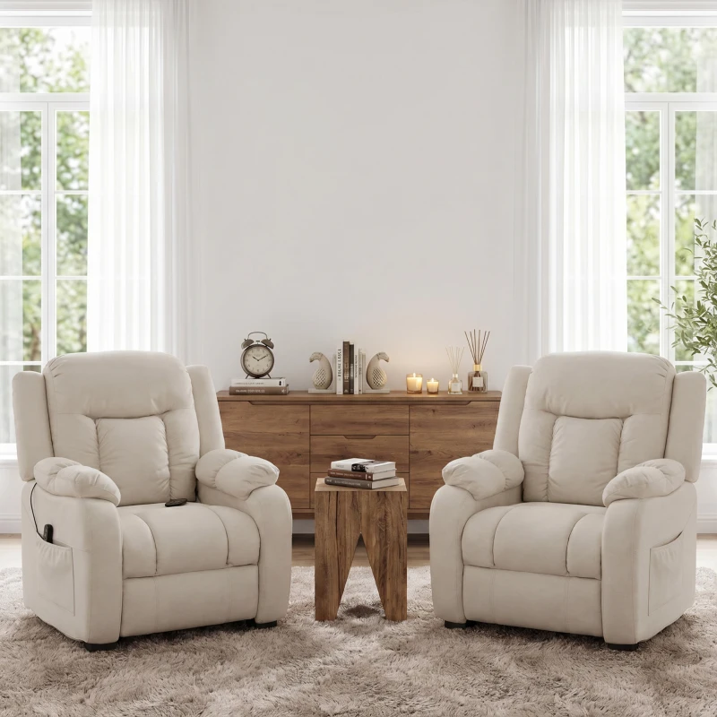 HOMCOM Massage Recliner Chair with Quiet Brushless Motor Pet-Friendly Fabric Power Recliner with 2 Memory Positions Cream White