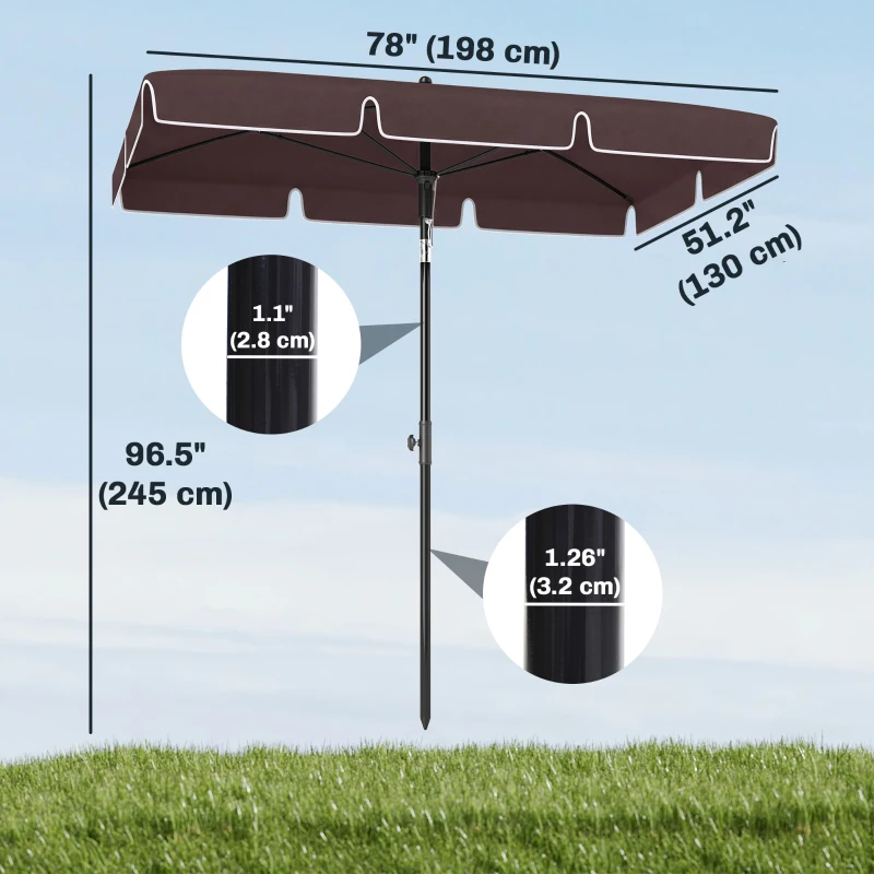 Outsunny 6.5x4ft Rectangle Patio Umbrella Aluminum Tilt Adjustable Garden Parasol Sun Shade Outdoor Canopy Coffee