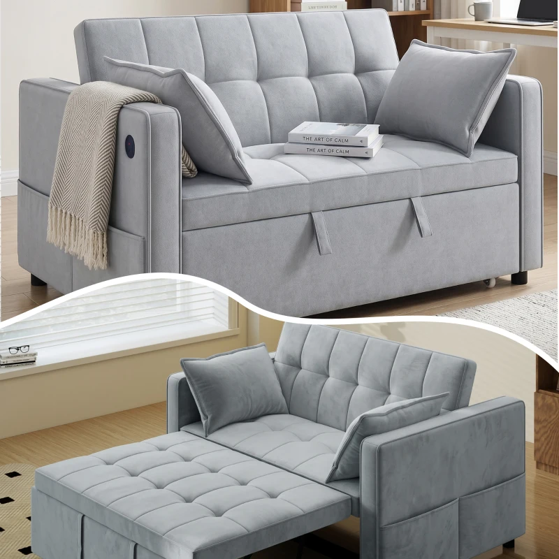HOMCOM 3‑in‑1 Convertible Sofa Bed, Pull Out Sleeper Sofa with USB Charging, Adjustable Backrest, Side Pockets, Light Grey